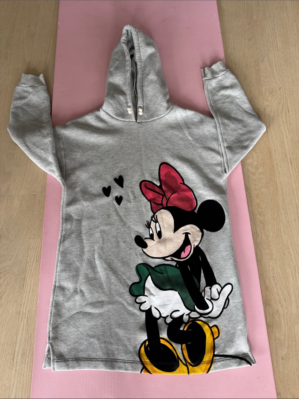 Zara Kids Grey Hoodie Dress with Minnie Mouse Graphic and Pink Bow